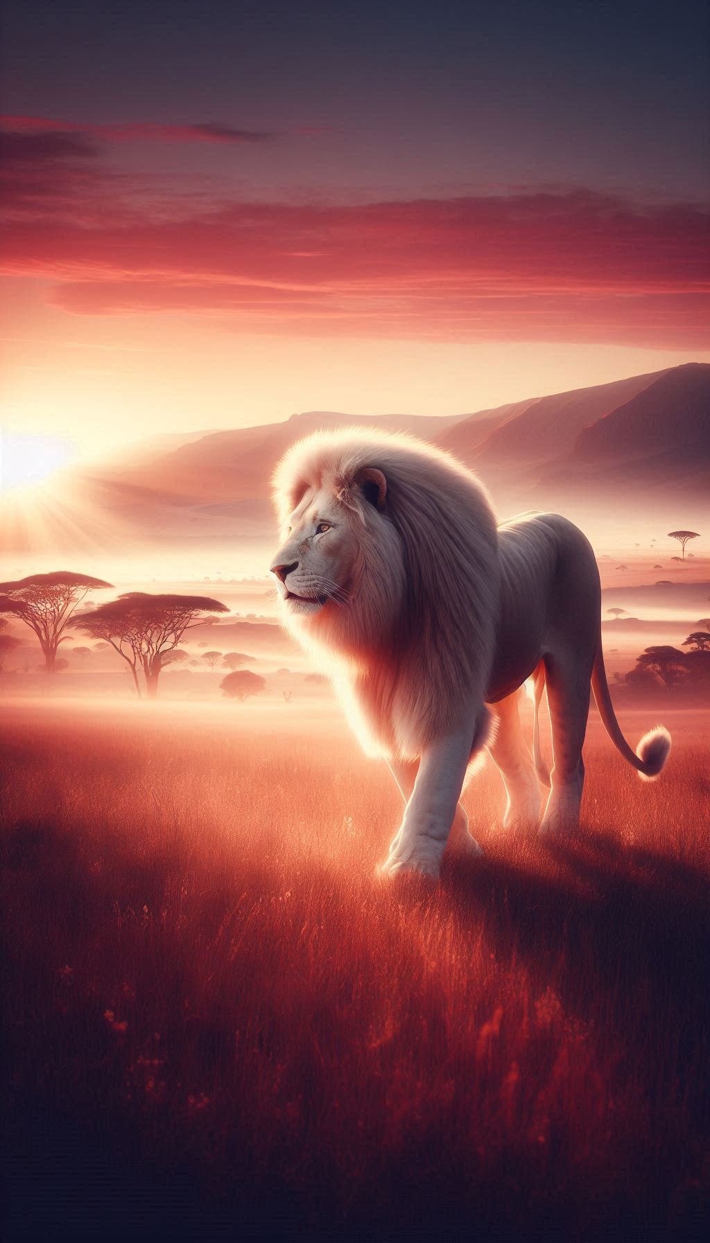 Majestic White Lion Roaming the Serene Savanna at Dawn