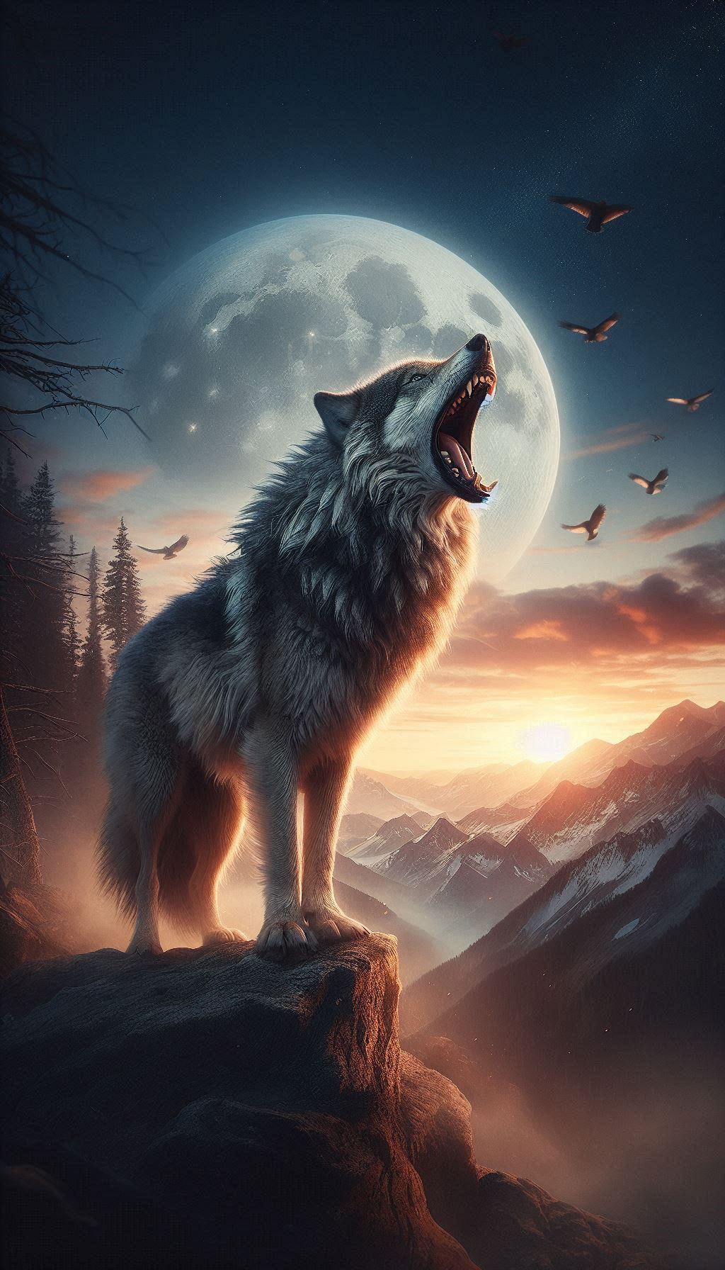 Majestic Wolf Roaring at Dusk A Powerful Nature Scene