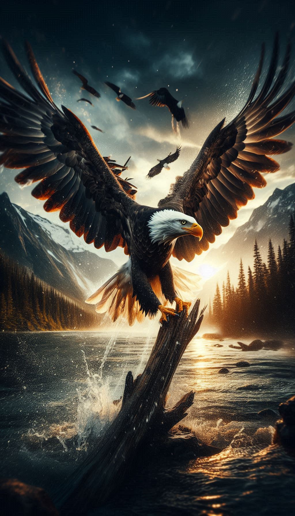 Majestic bald eagle with spread wings power in motion background for android