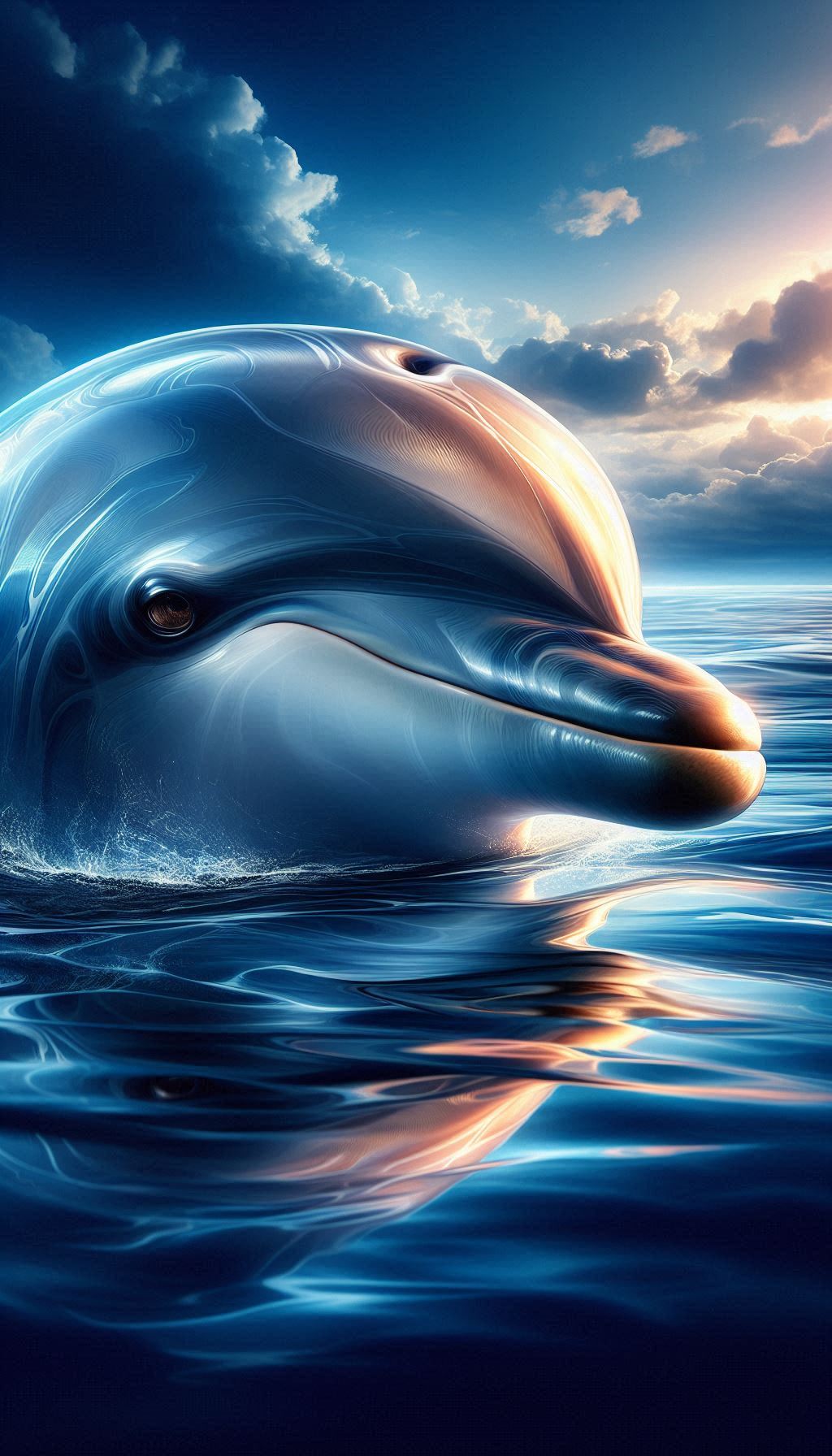 Majestic dolphin face panoramic close-up mobile wallpaper with ocean reflection