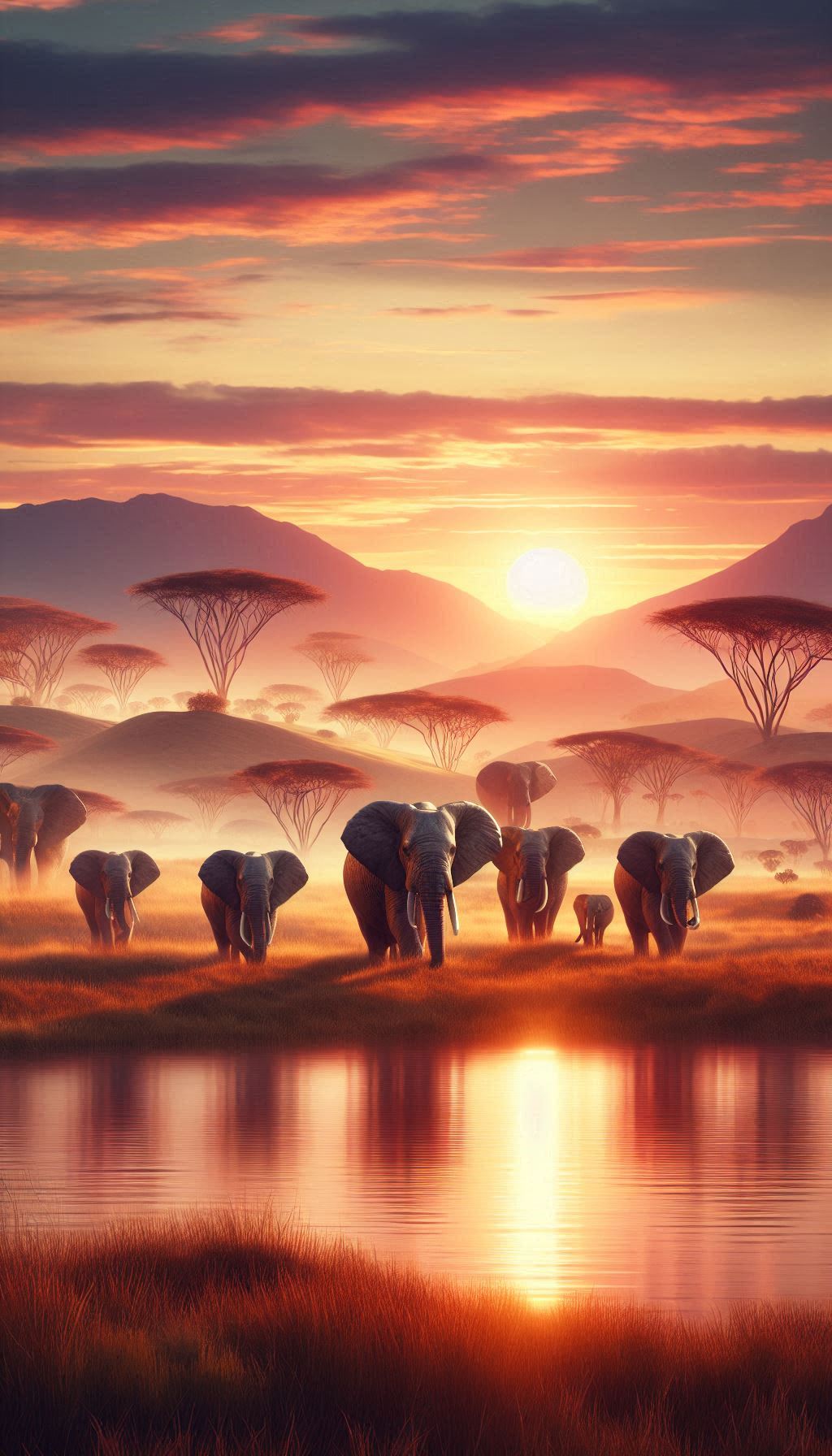 Majestic elephant strolling with herd in serene sunset landscape wallpaper for smartphones