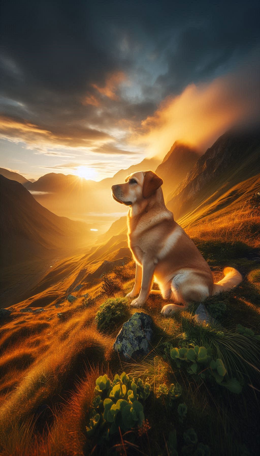 Majestic golden Labrador sitting peacefully on top of mountain at sunrise iPhone mobile wallpaper