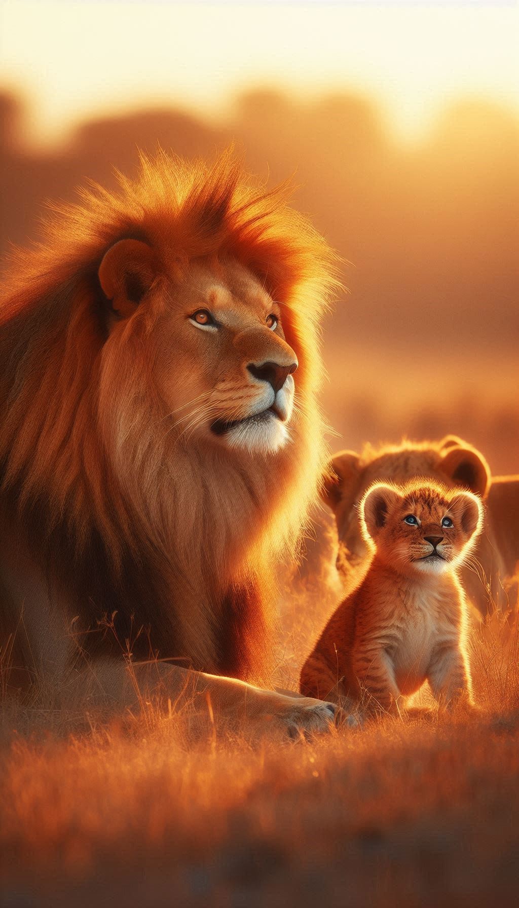 Majestic lion mother and cute cute cubs in sunlit savannah wallpaper for smartphones