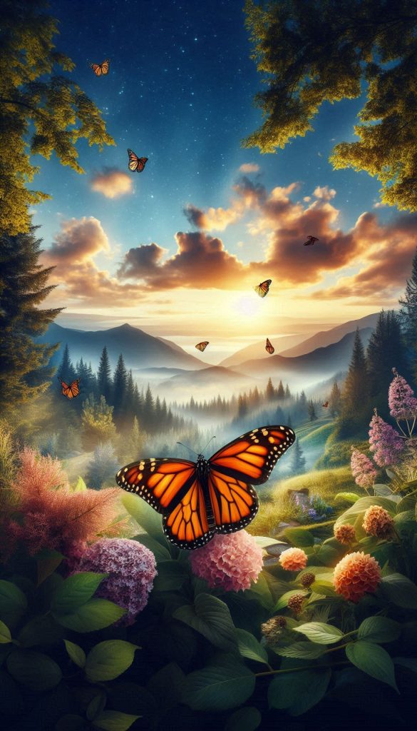 Majestic monarch butterfly in a tranquil garden landscape for mobile wallpaper