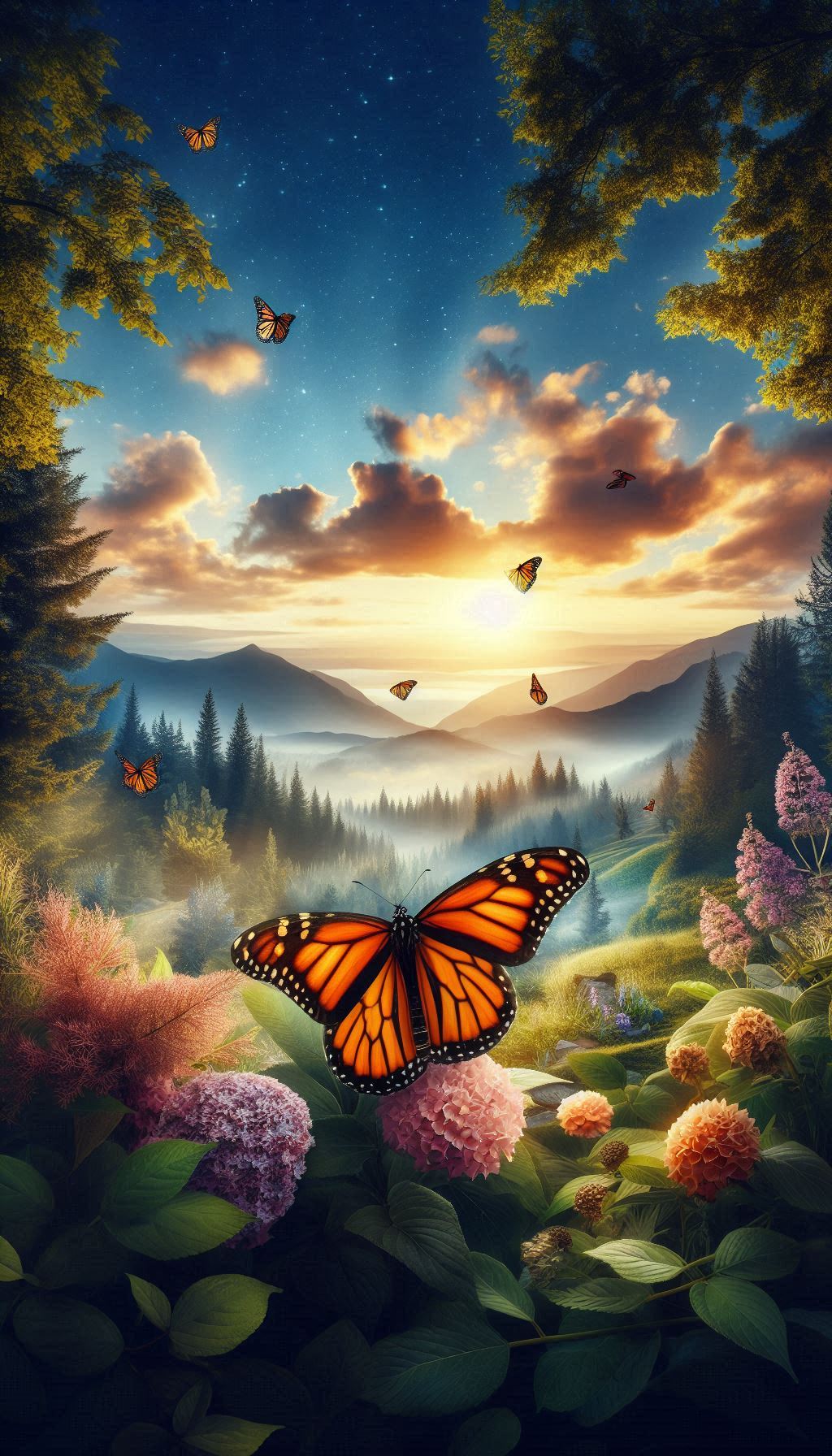 Majestic monarch butterfly in a tranquil garden landscape for mobile wallpaper