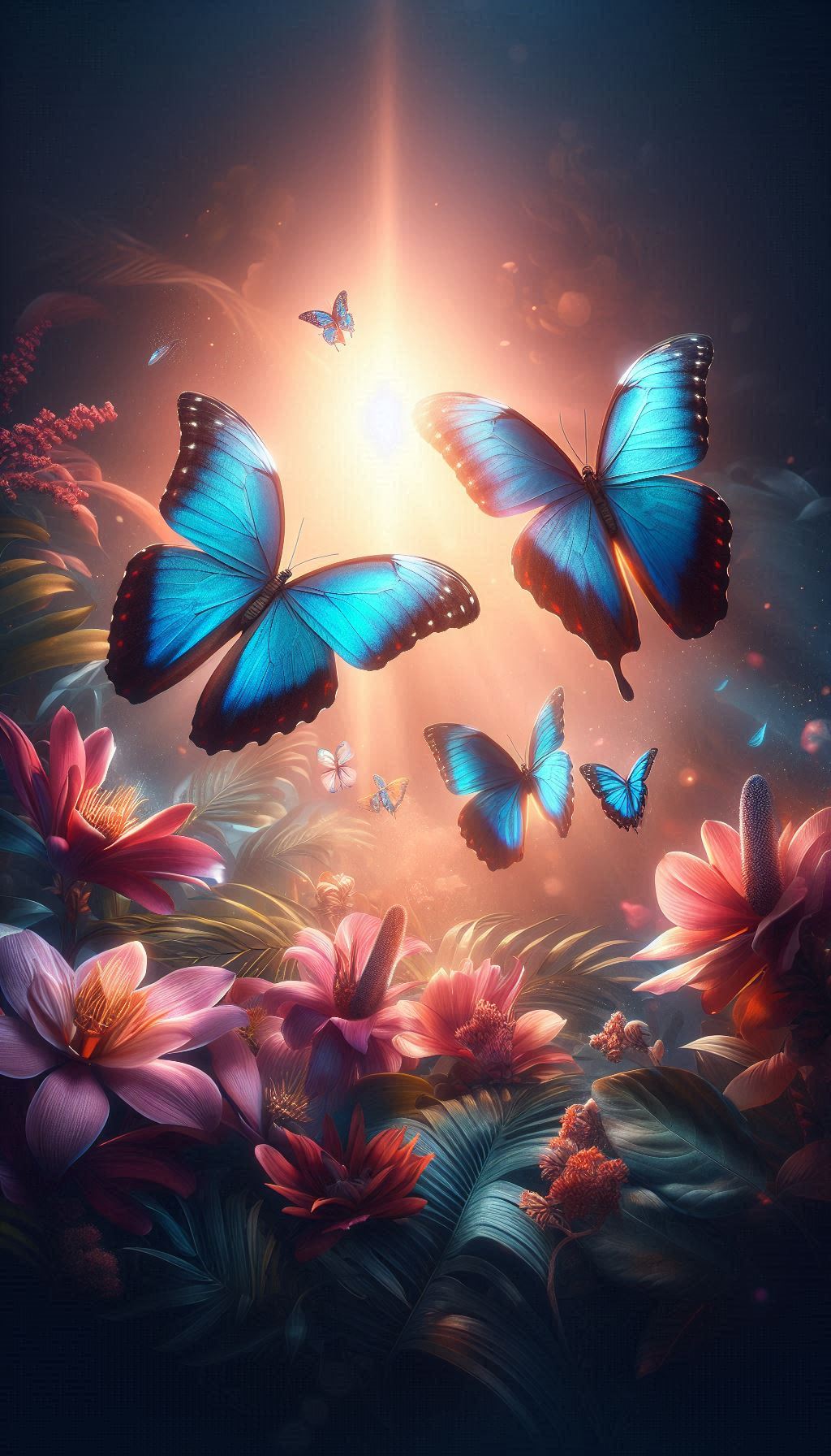 Majestic morpho butterflies gliding over exotic flowers for mobile wallpaper