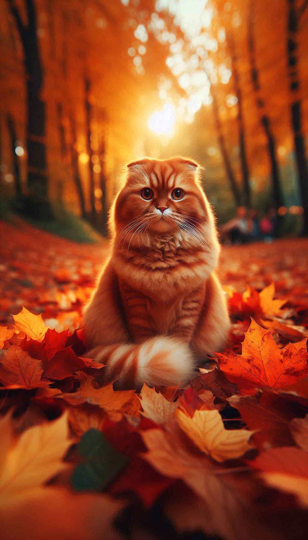 Majestic red Scottish Fold cat sitting among autumn leaves background for Android
