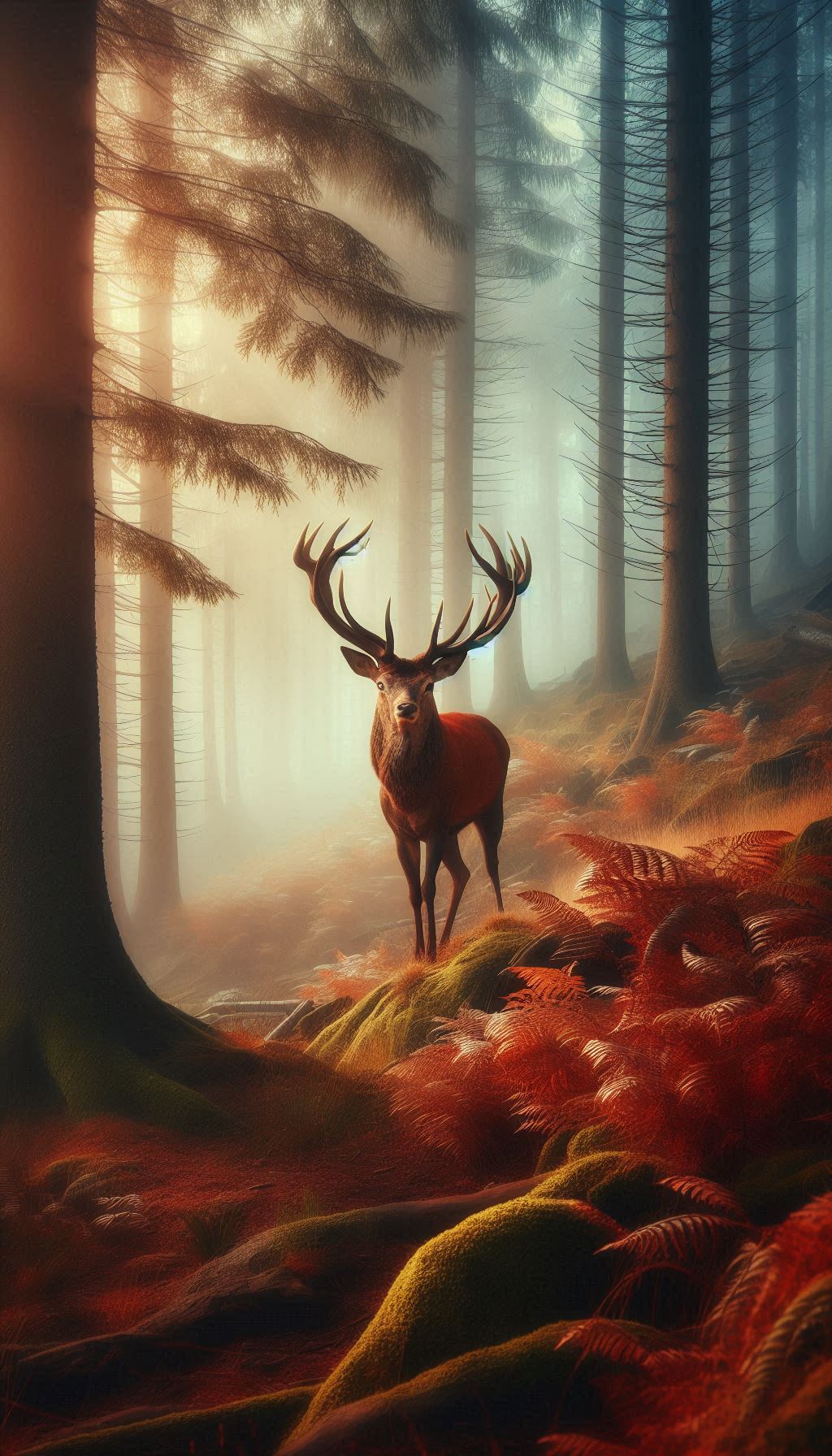 Majestic red deer in misty forest at dawn phone wallpaper for iPhone