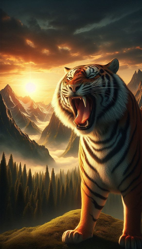Majestic tiger roaring against mountain background at sunrise mobile wallpaper for iPhone