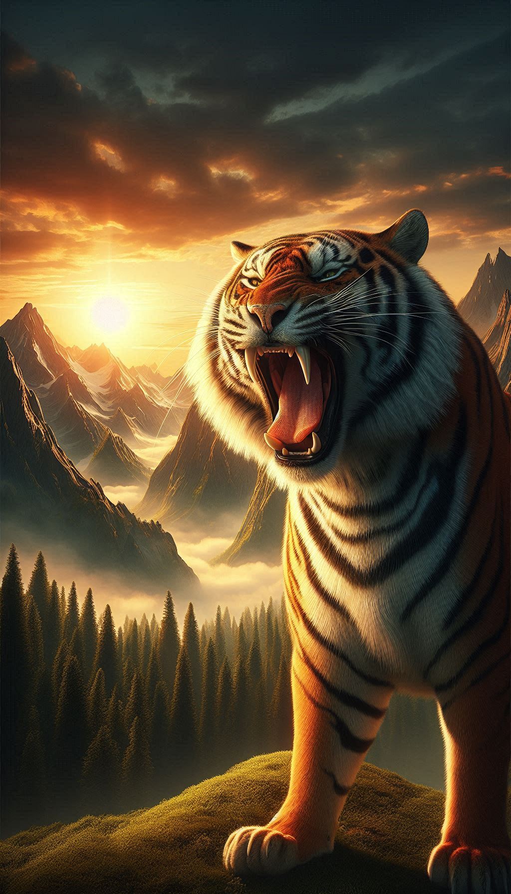 Majestic tiger roaring against mountain background at sunrise mobile wallpaper for iPhone