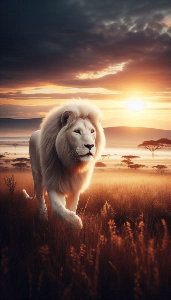 Majestic white lions strolling through the quiet savannah at dawn iPhone background