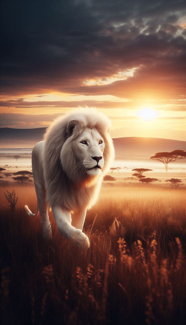 Majestic white lions strolling through the quiet savannah at dawn iPhone background