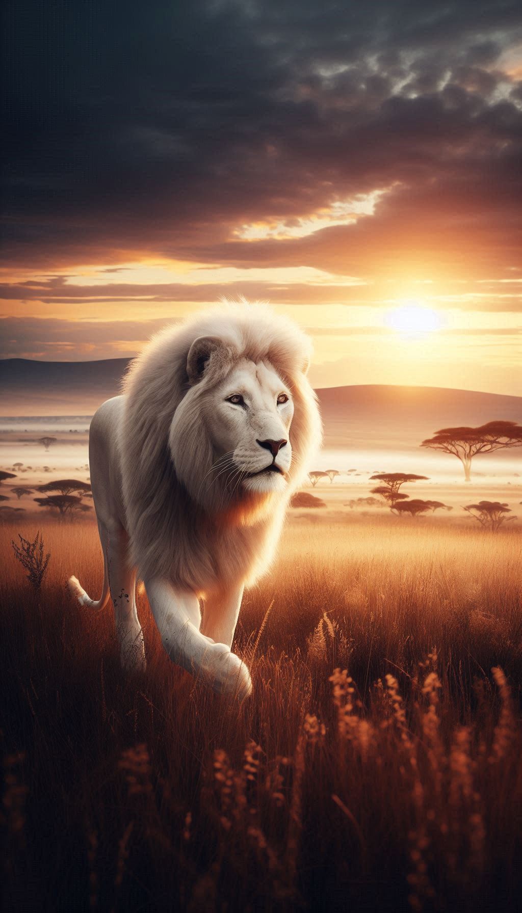 Majestic white lions strolling through the quiet savannah at dawn iPhone background