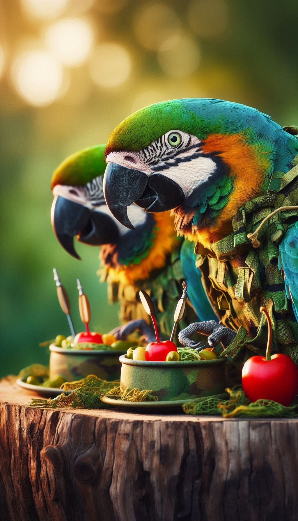 Military Macaw Parrots in Camouflage Patterns Surrounded by Nature