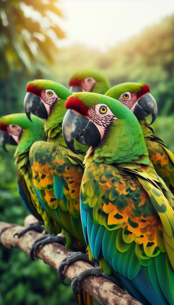 Military macaw parrots in camouflage pattern surrounded by nature background for android phone
