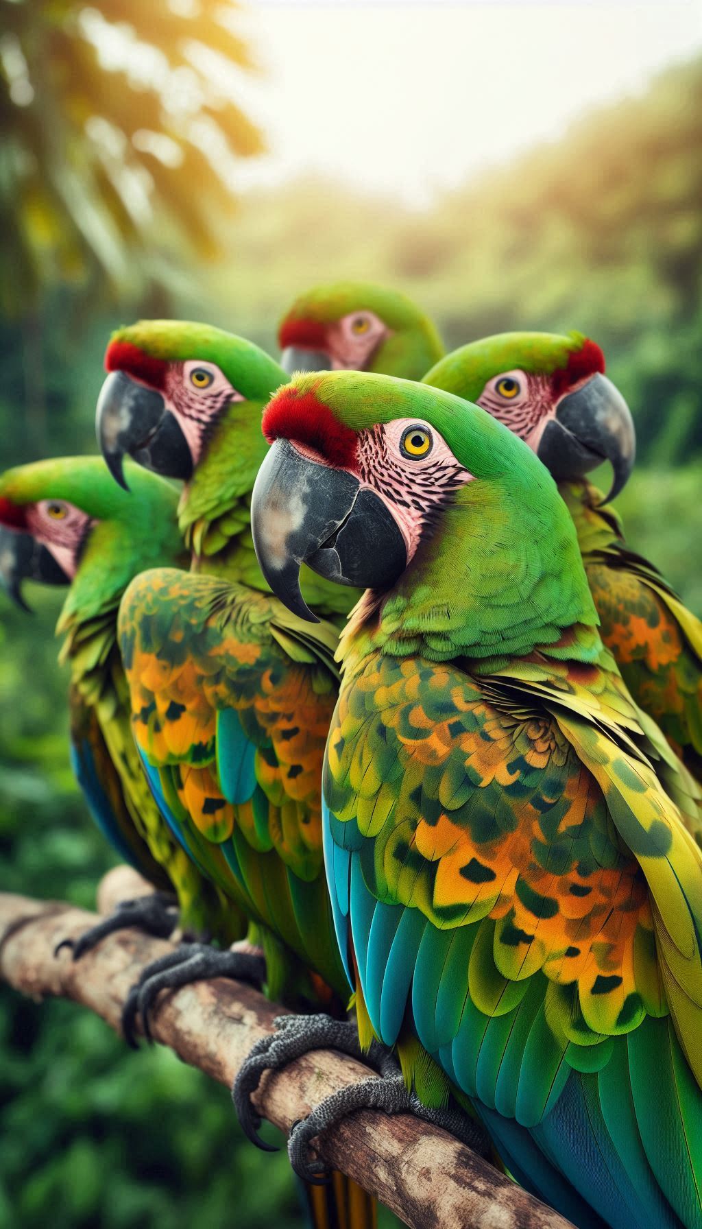 Military macaw parrots in camouflage pattern surrounded by nature background for android phone