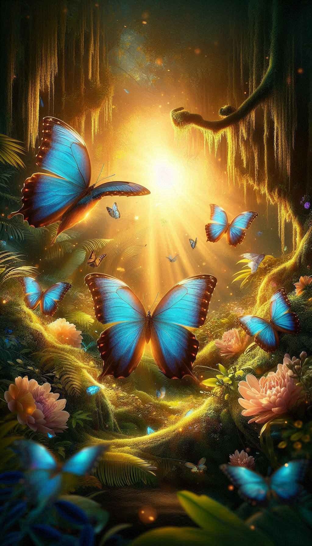 Morpho Butterflies in a Enchanted Garden Bathed in Golden Light Wallpaper