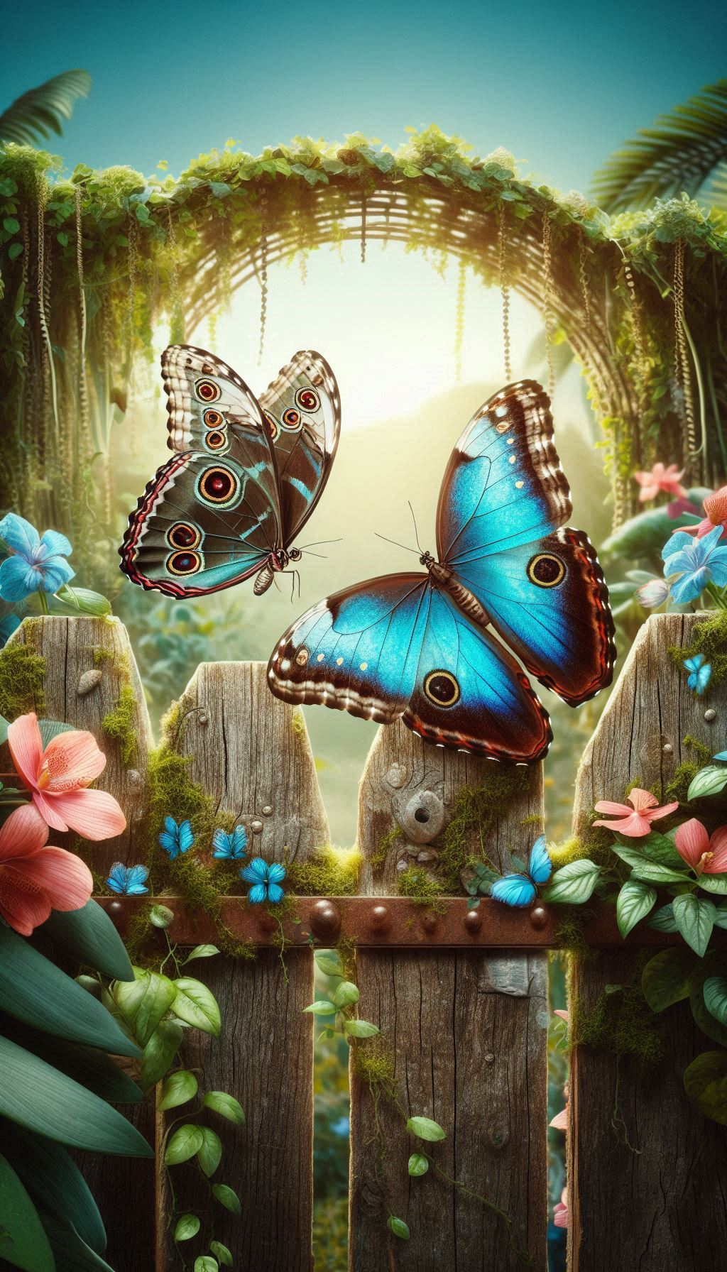 Morpho butterflies on a rustic wooden fence surrounded by nature HD mobile wallpaper for iPhone