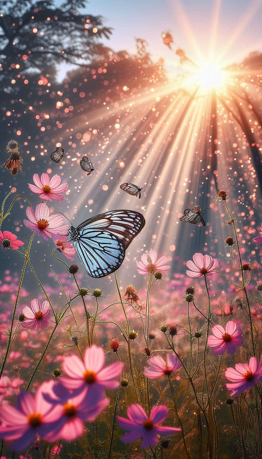 Nature's Harmony Ideopsis Gaura Butterflies in a Blossoming Garden Wallpaper