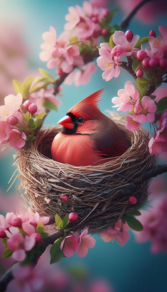 Northern Cardinal Nesting in Spring Blossoms