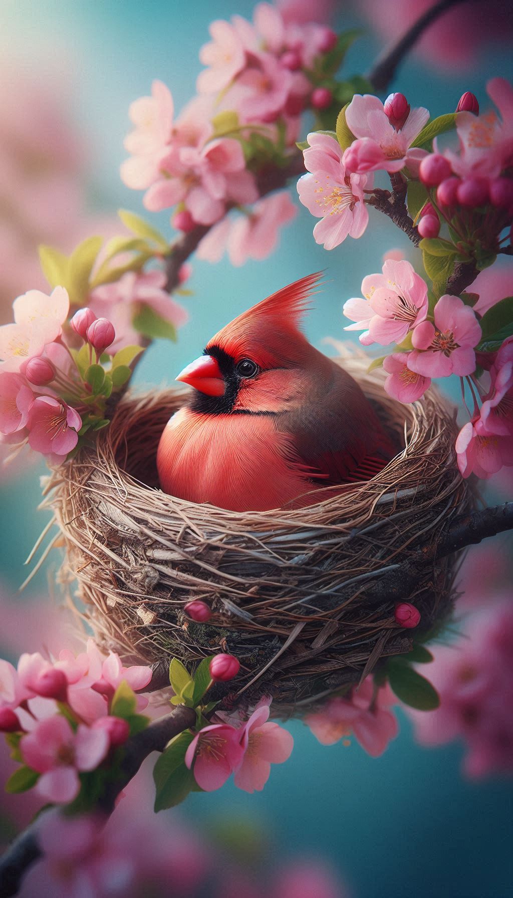 Northern Cardinal Nesting in Spring Blossoms