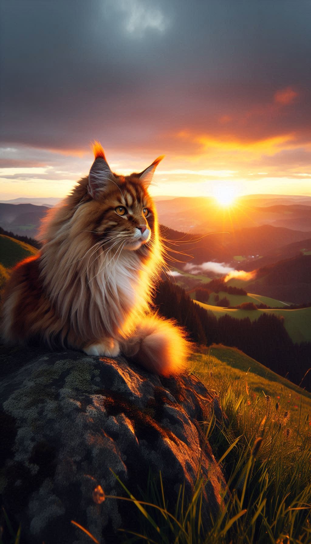 O gatto do Maine Coon ch'o l'ammia o tramonto da-a vexin da-a colliña Sfondo digitale pe Android