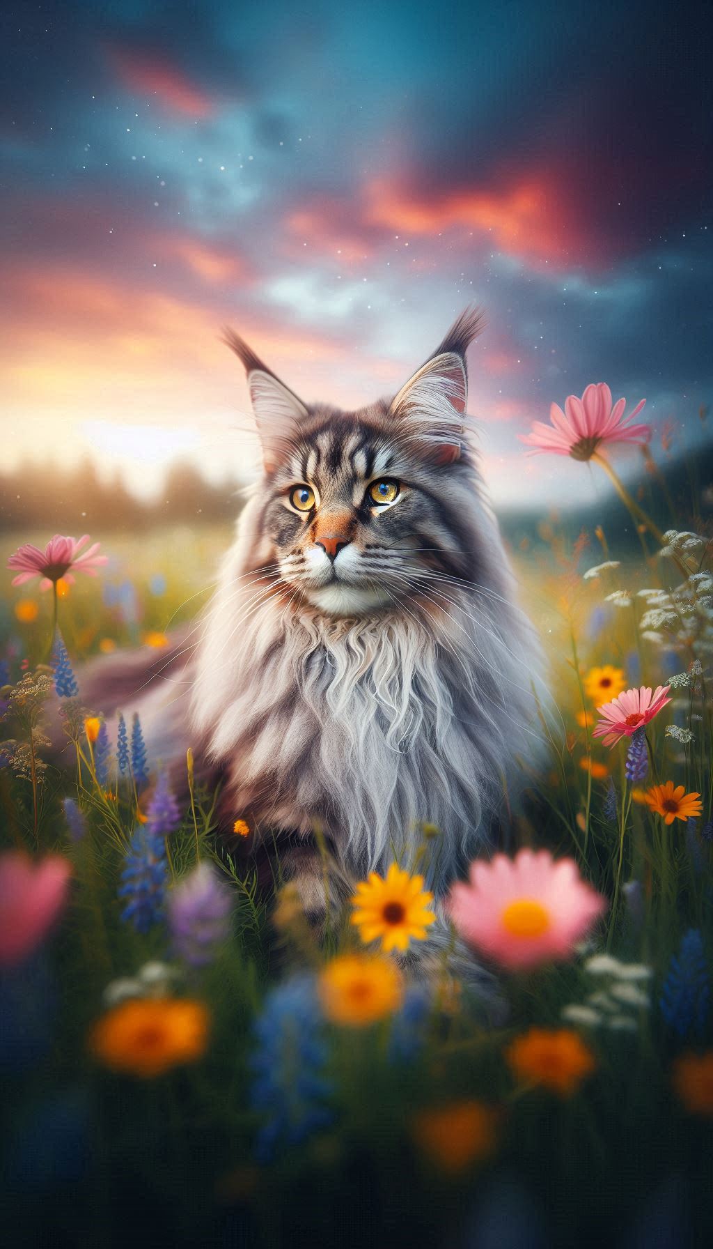 O gatto do Maine Coon ch'o posa inte un campo de scioî sarvæghe Sfondo pe mòbile pe tutti