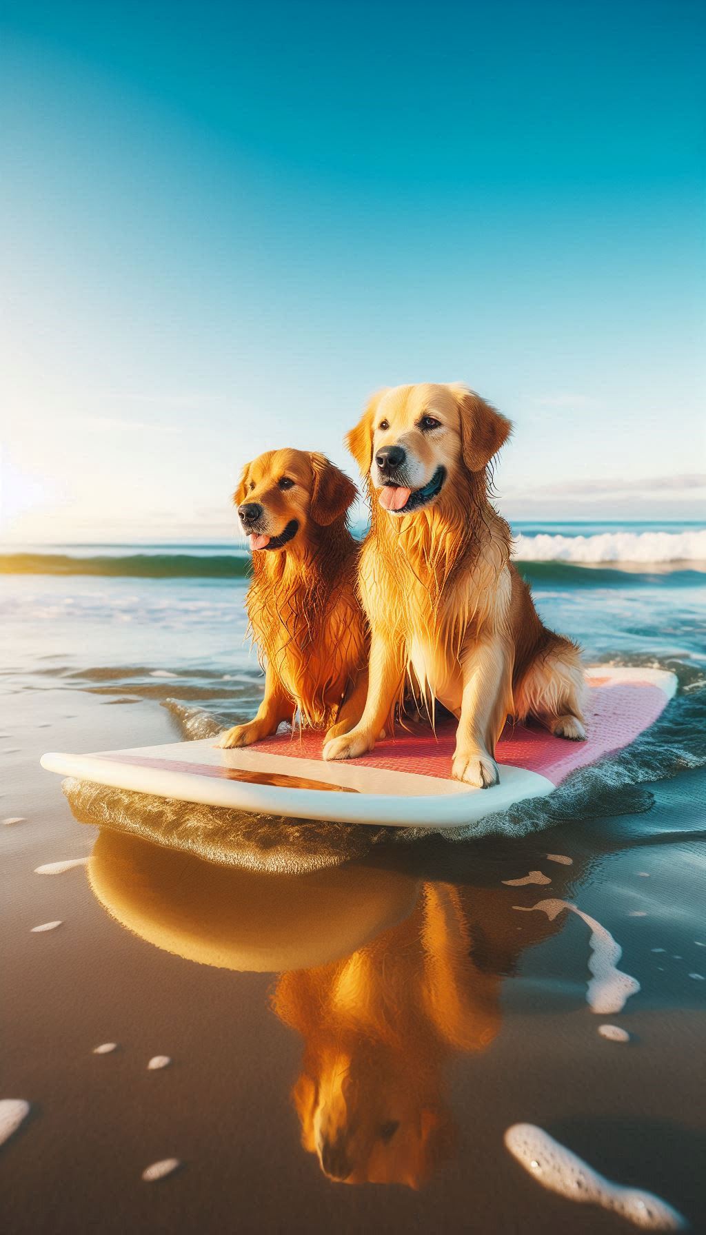 Pair of golden retrievers surfing together against the backdrop of a bright summer day for iPhone and Android