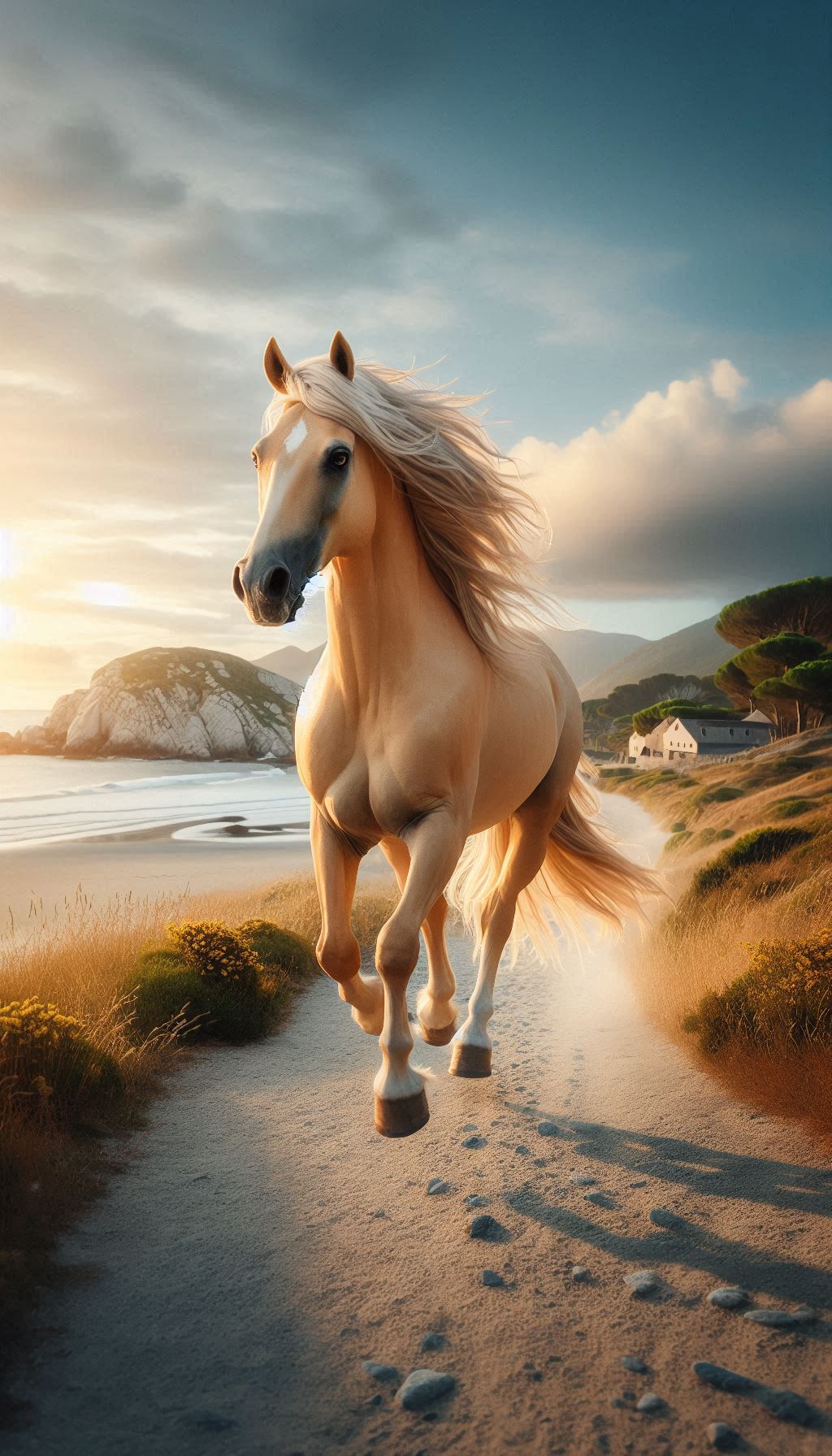 Palomino Horse Galloping Along a Scenic Coastal Path