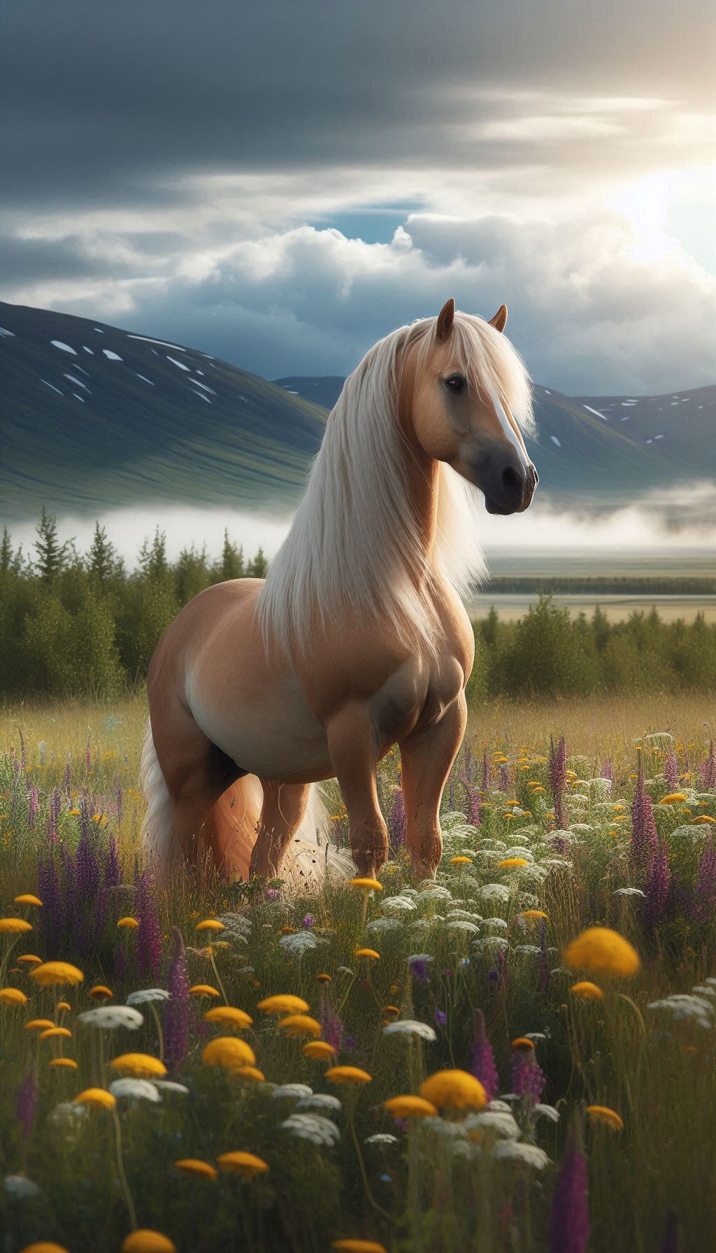 Palomino Horse Standing Majestically in a Field of Wildflowers