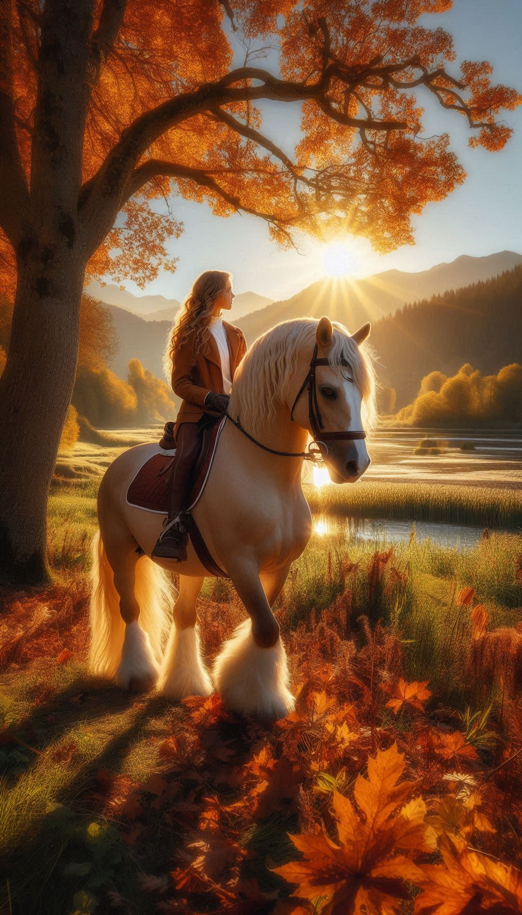 Palomino Horse and Rider in a Sun-Kissed Autumn Landscape