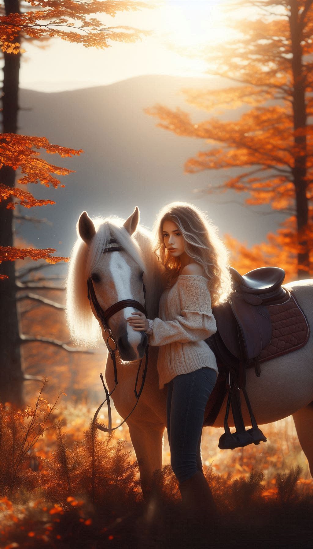Palomino horse and rider in a sun-kissed autumn adorable digital background
