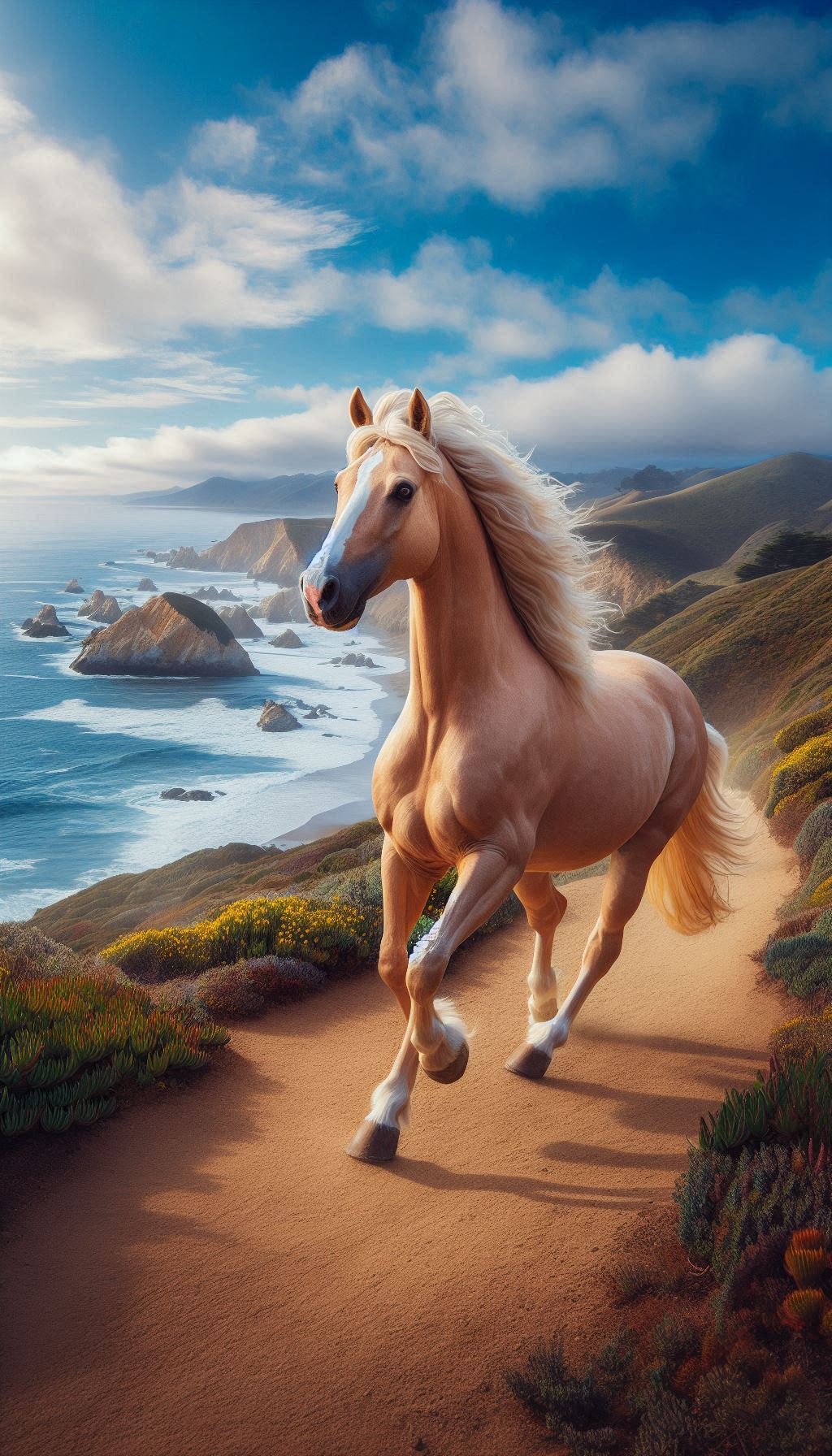 Palomino horse galloping along a beautiful coastal path for your mobile