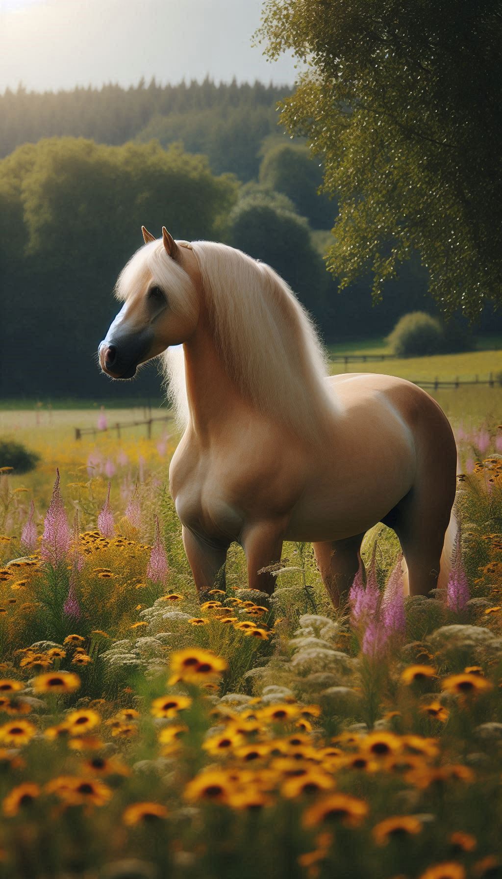 Palomino horse mobile wallpaper strolling in a field of wild flowers