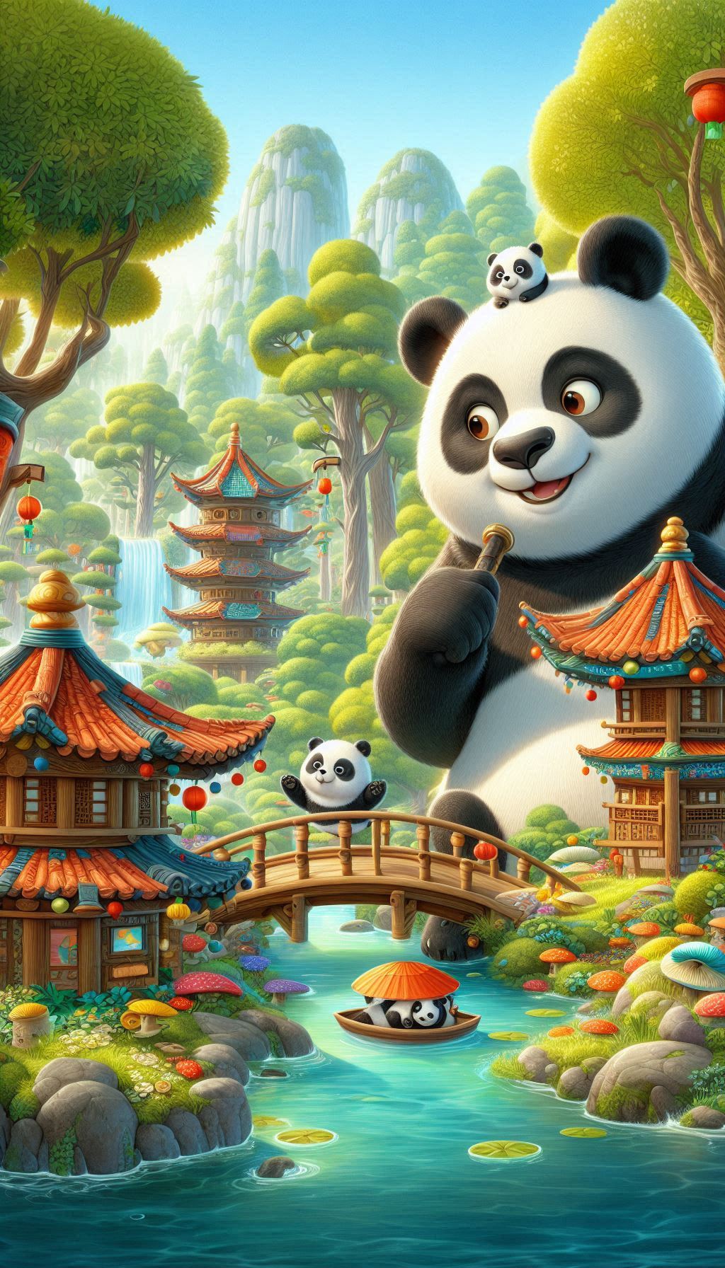 Panda Adventures in Qinling Whimsical Forest Scene Wallpaper