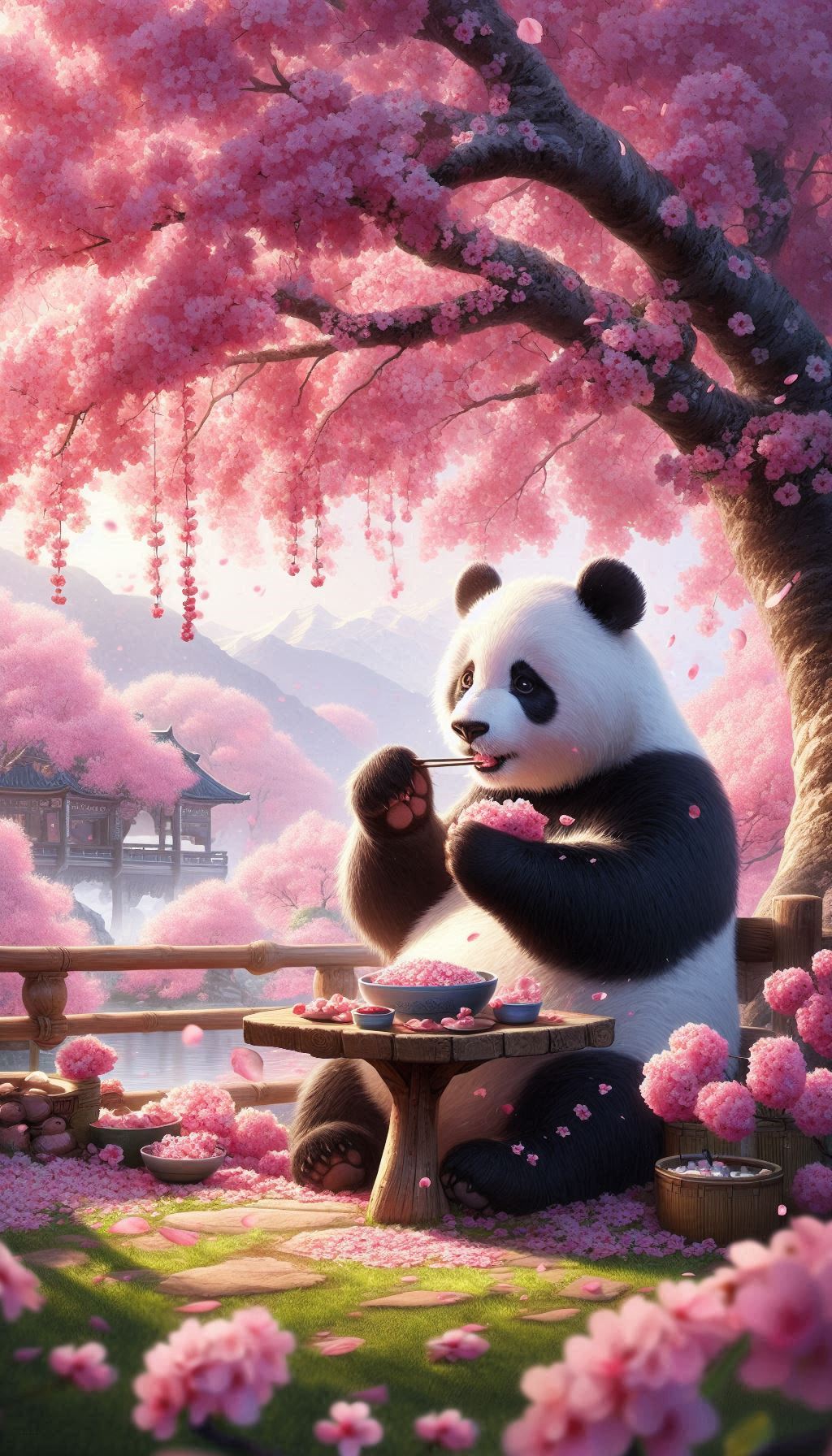 Panda Under Cherry Blossoms Eating in a Scenic Wonderland Wallpaper