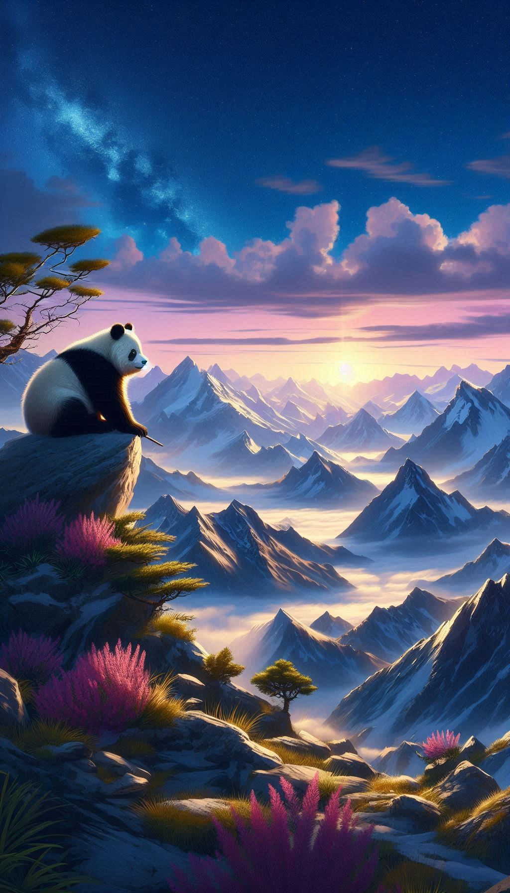 Panda on a Mountain Adventure Majestic Landscape Wallpaper