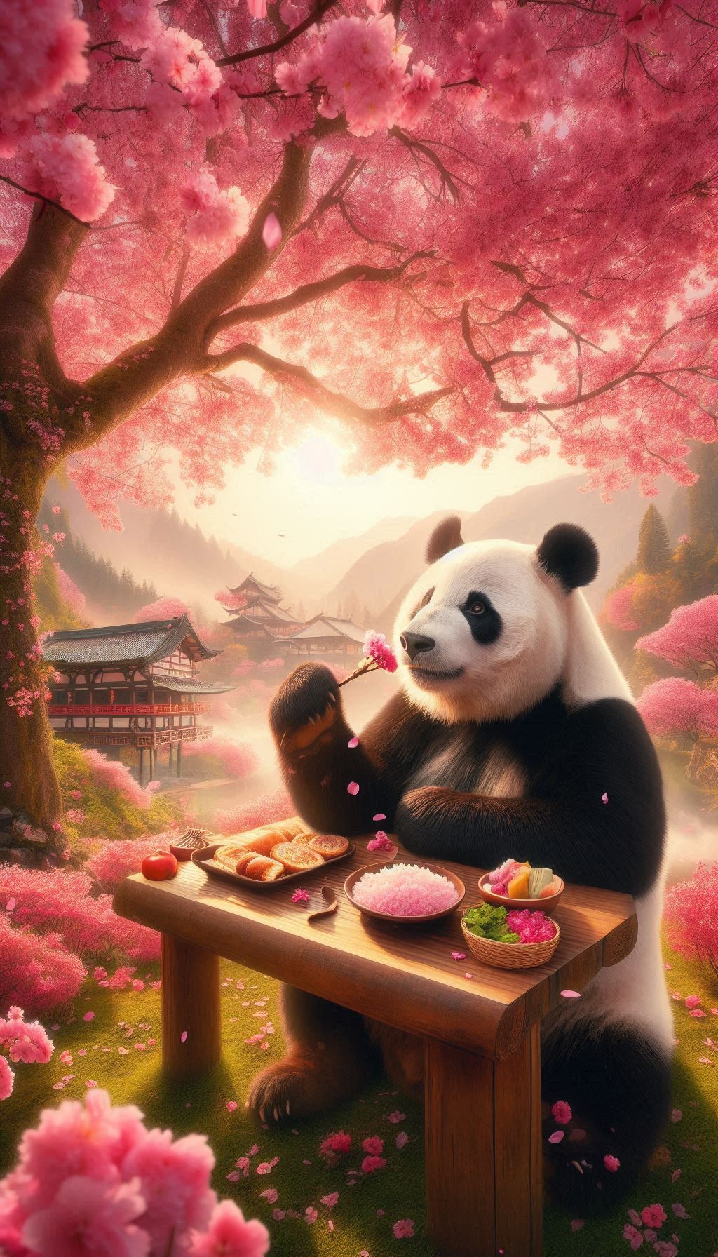 Panda under the cherry blossoms is eating in a beautiful wonderland wallpaper for all mobiles