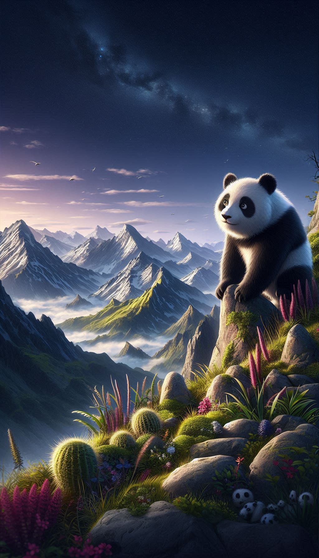 Panda's adventure on the mountain majestic landscape wallpaper photos for your mobile