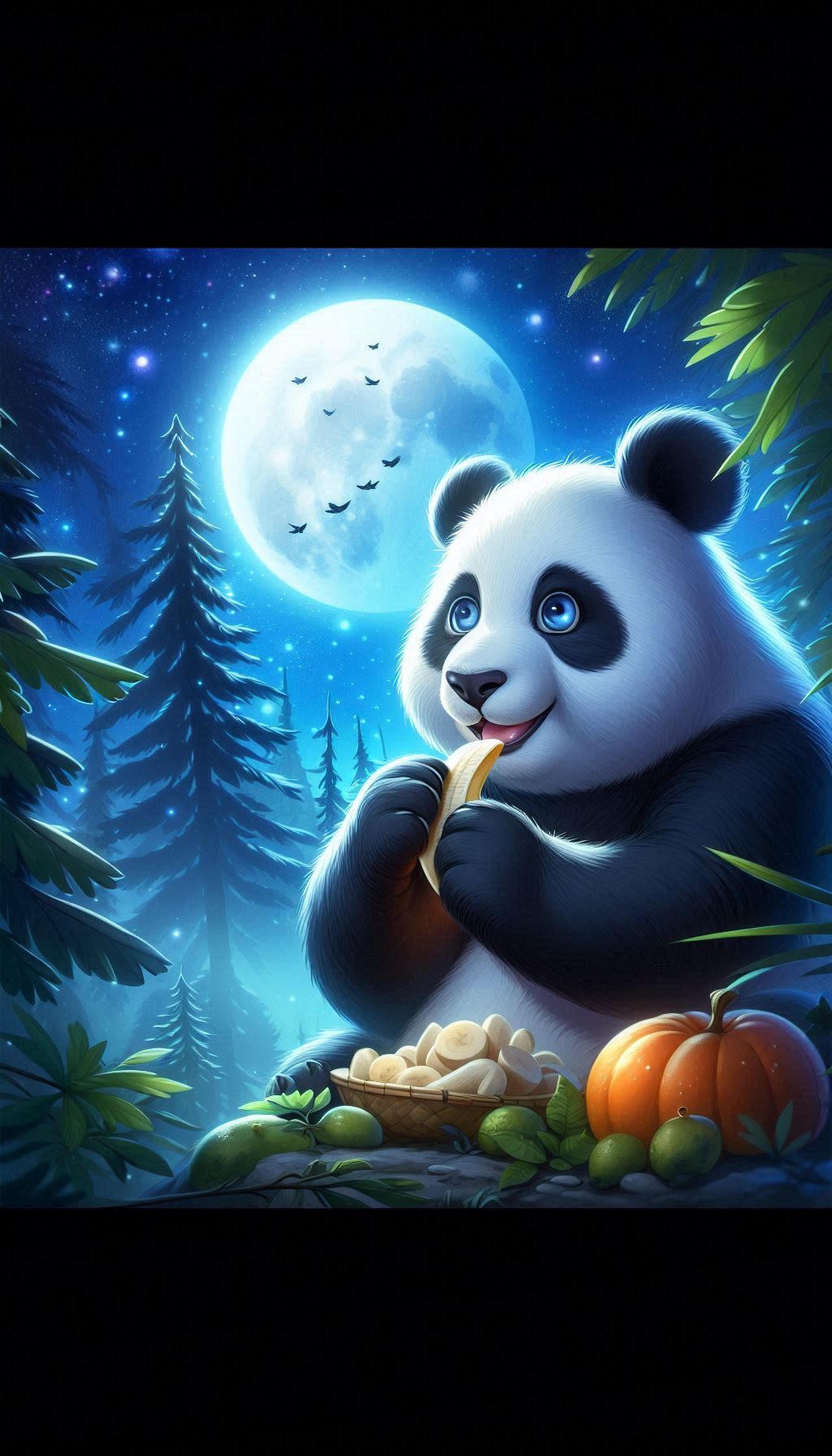 Pandas feeding in the moonlight Amazing nighttime wallpaper background for Android phones