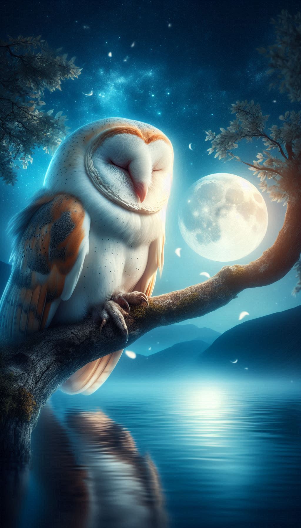 Peaceful Barn Owl Resting in a Moonlit Tree - Calming Wallpaper