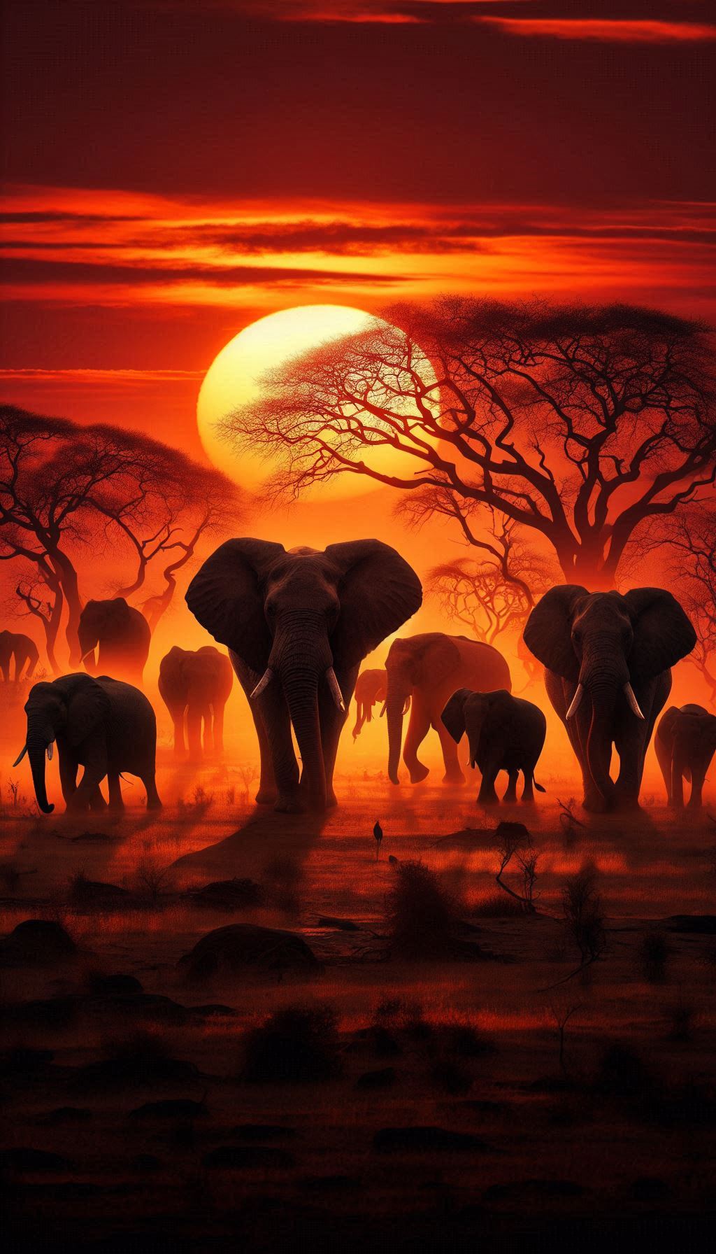 Photo of a herd of elephants against an African sunset background for phone