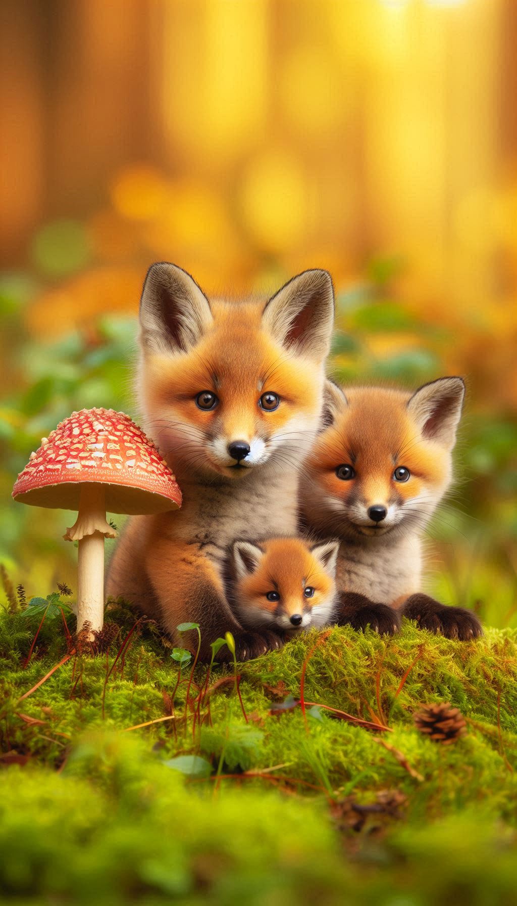 Photo of adorable fox cub family in woodland setting photo for your mobile wallpaper