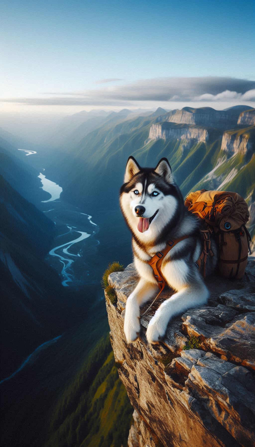 Photo of adventurous husky on a cliff overlooking the valley as background for iPhone