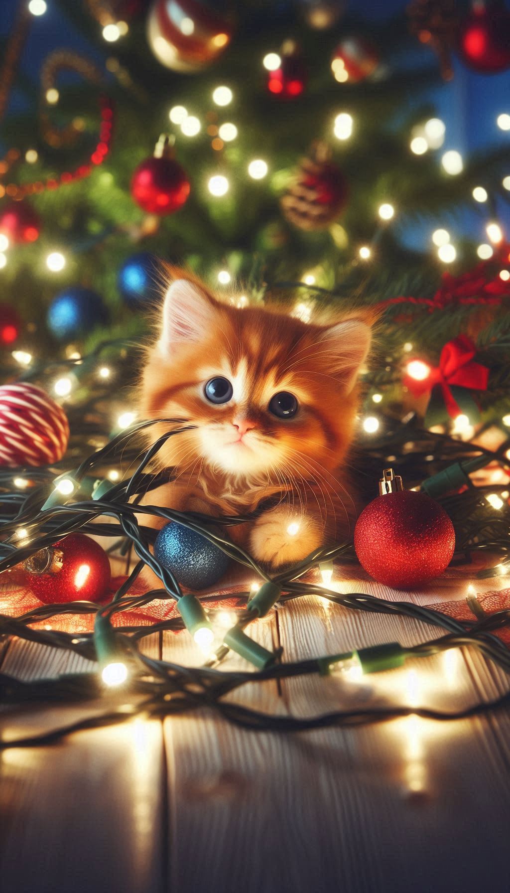 Photo of kittens tangled in a Christmas lights background for your iPhone