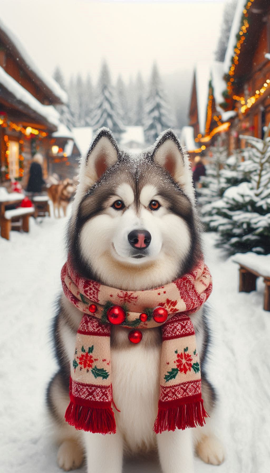 Photos of a husky with a festive scarf in a snowy village for Android