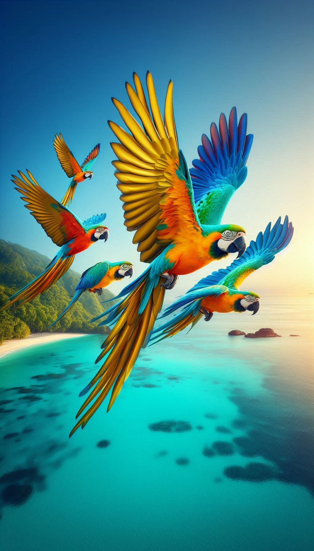 Photos of elegant macaw parrot flying over crystal clear sea background for mobile download
