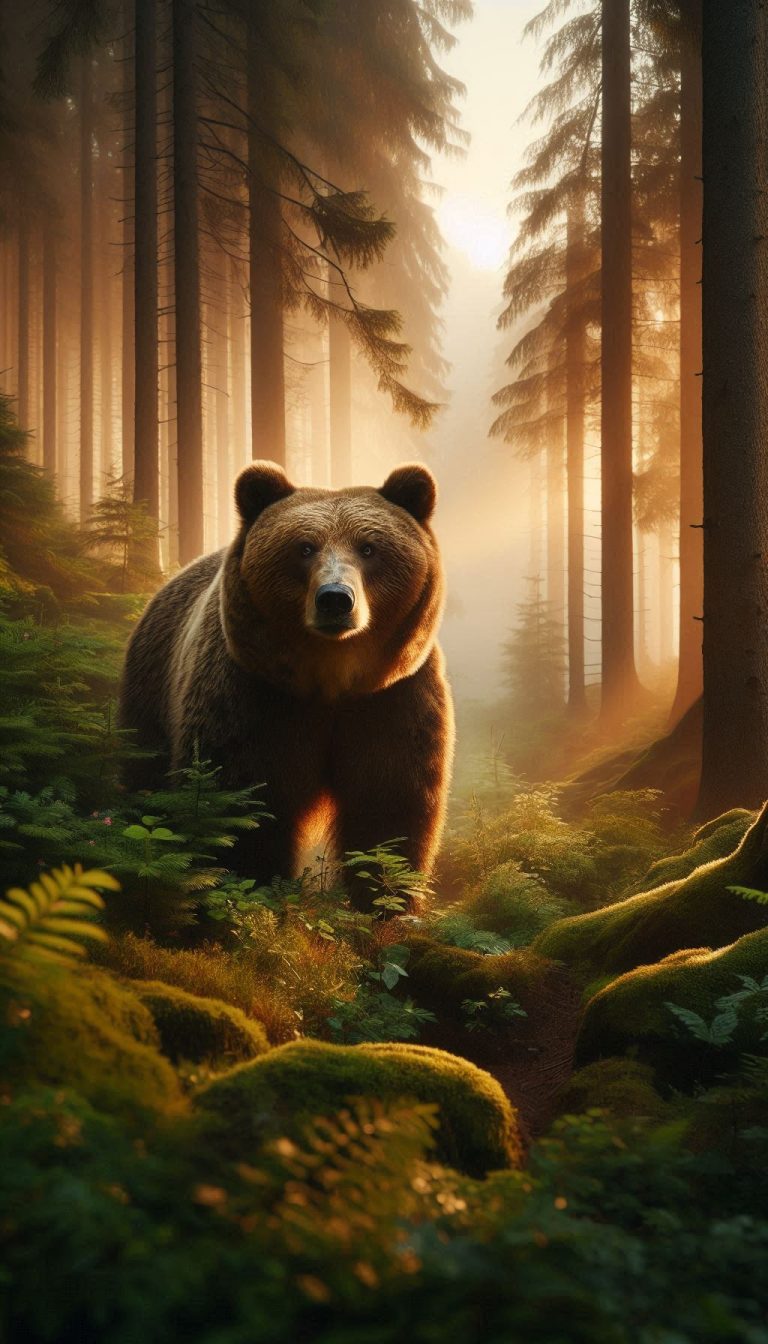 Photos of majestic grizzly bears in the woods at dawn for your Android wallpaper