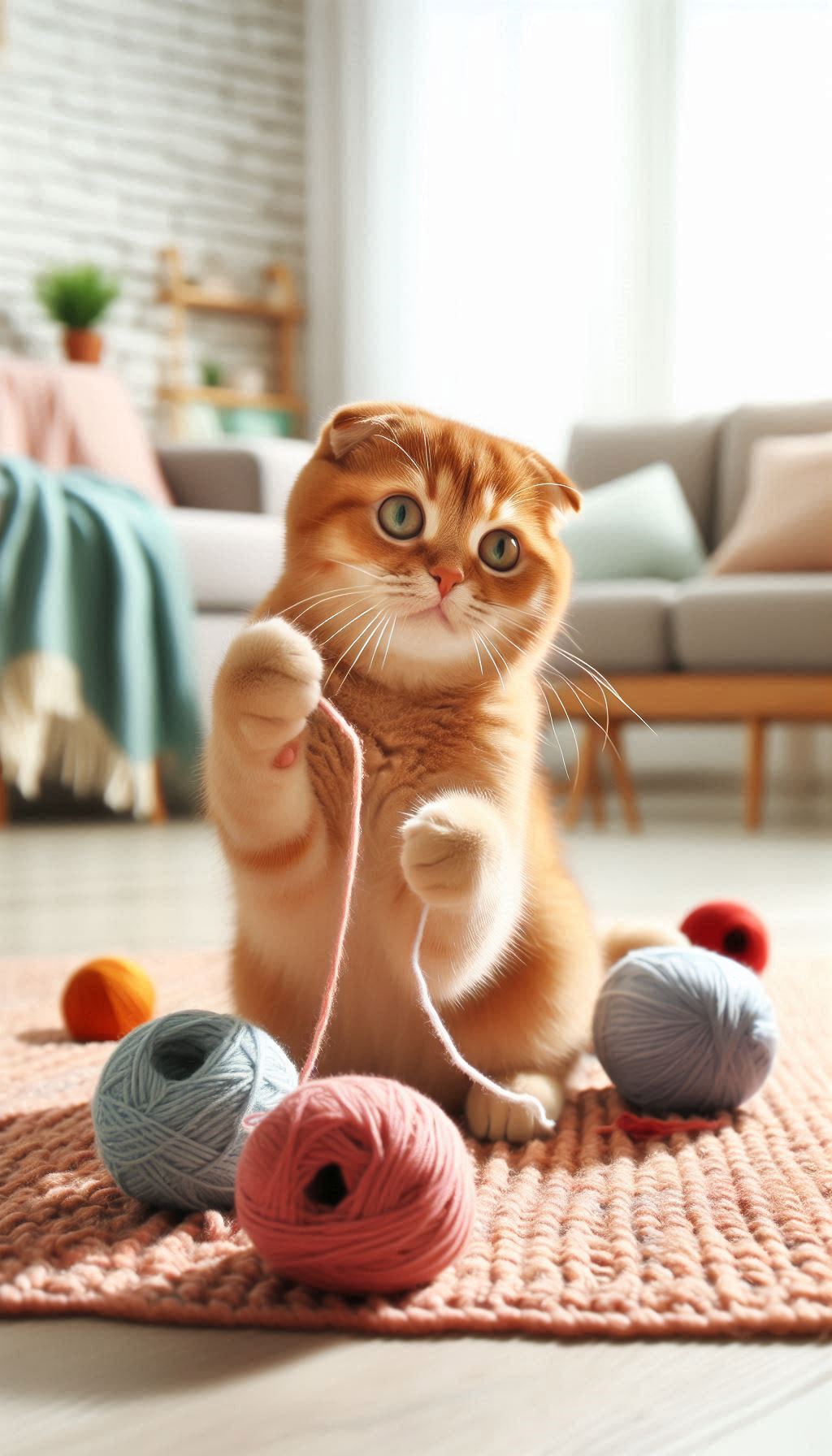 Photos of playful red Scottish Fold cat with yarn in the living room for your mobile