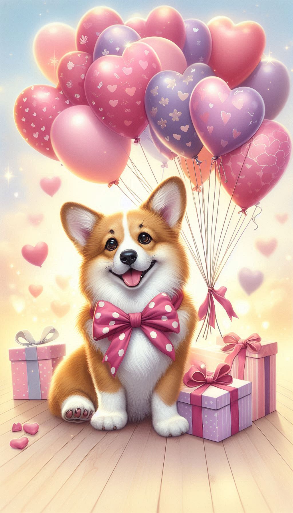 Picture of whimsical corgi wallpaper with heart shaped balloons for iPhone and Android